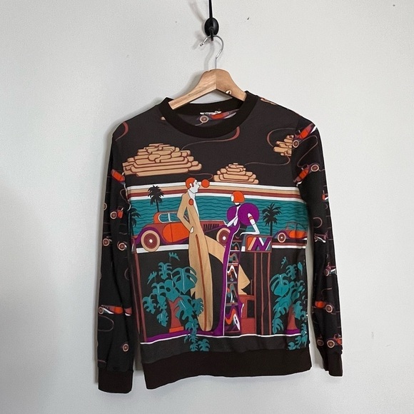 Vintage 70s Art Deco Long Sleeve Top Boardwalk Scene Print Maximalist - Picture 5 of 11